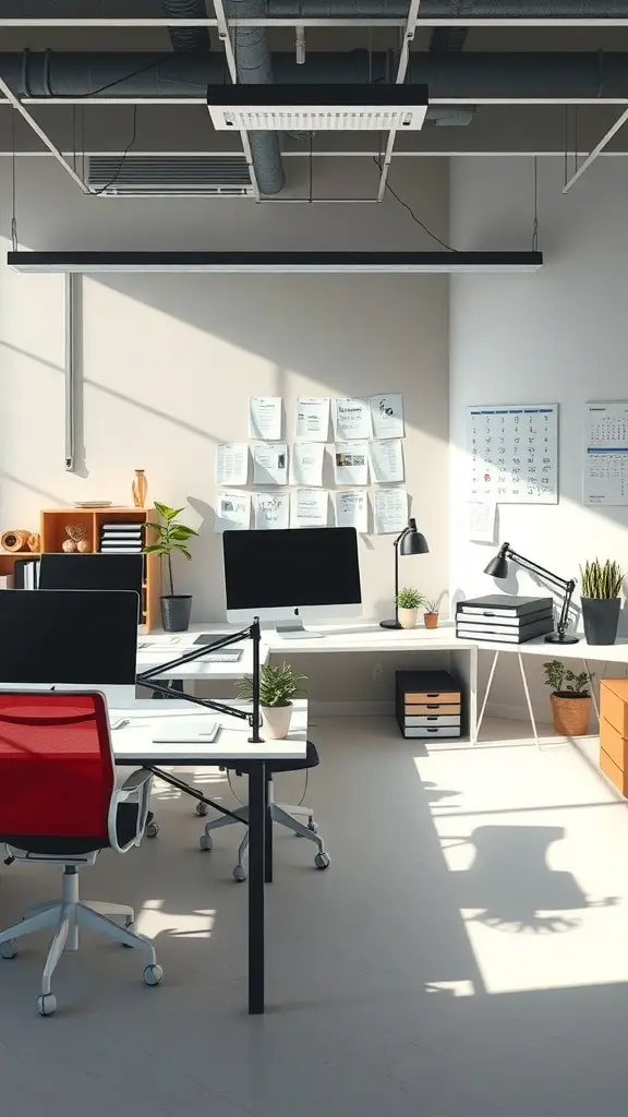 15 Must-Try Desk Organization Ideas for a Tidy Workspace 14 A modern office space with organized workstations and distinct zones for task management.