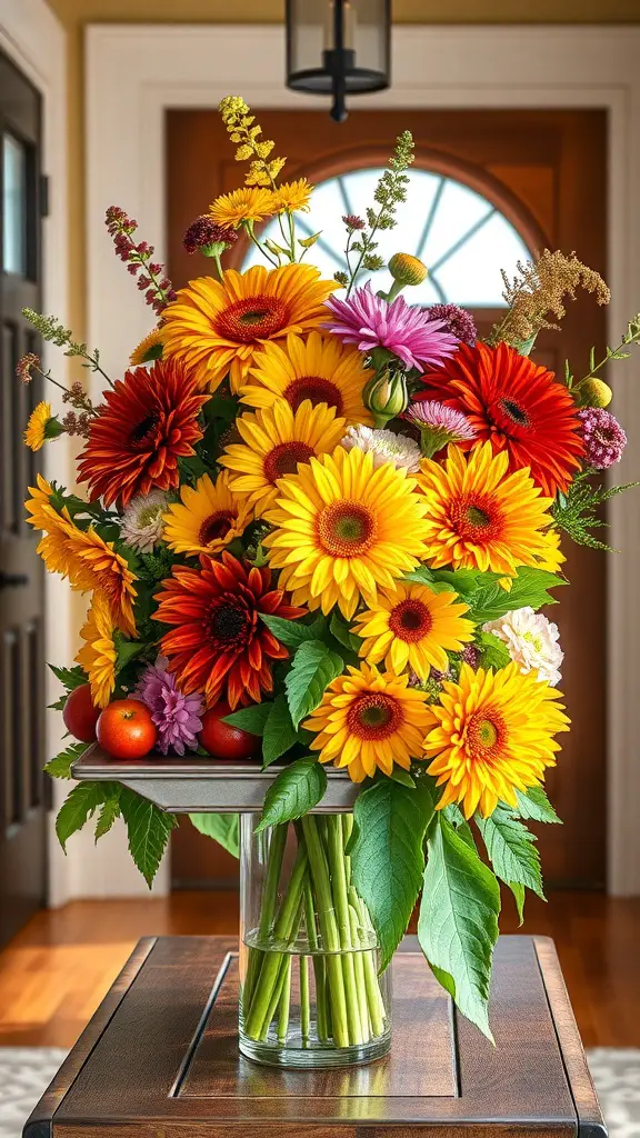 A vibrant floral arrangement with sunflowers and gerbera daisies in autumn colors, placed on a table in an entryway.