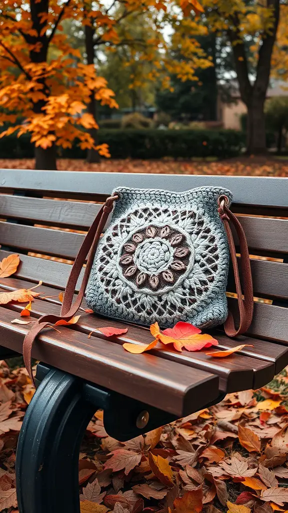 23+ Cozy Fall Crochet Ideas You’ll Love 15 A crochet bag with a circular pattern resting on a wooden bench surrounded by autumn leaves.
