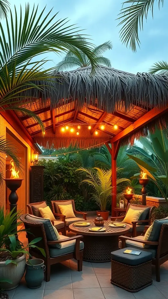 23+ Creative Patio Roof Extension Ideas You’ll Love 6 Cozy patio area with a thatch roof, surrounded by greenery and warm lighting.