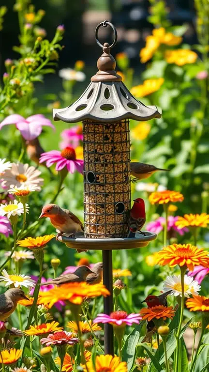 19+ Essential Tips for Creating a Bird-Friendly Garden 2 A seed feeder surrounded by colorful flowers, attracting birds in a vibrant garden.
