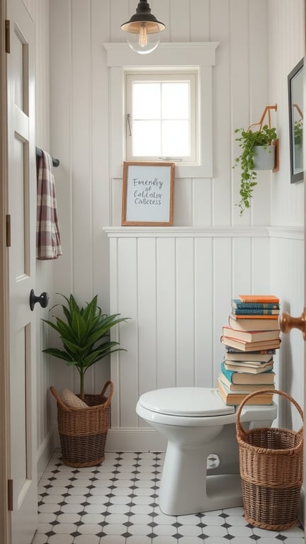 31+ Inspiring Farmhouse Bathroom Ideas You’ll Love 13 A cozy reading nook in a farmhouse bathroom featuring shiplap walls, a window, a framed sign, stacked books, and potted plants.