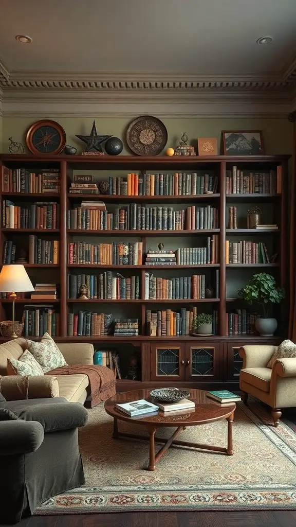 31+ Magical Decor Ideas for a Witchy Living Room 15 Cozy living room with a bookshelf filled with books on the occult, warm lighting, and comfortable seating.