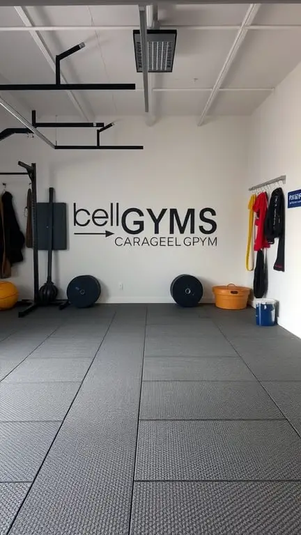 19 Home Gym Ideas for Small Garages: Maximize Your Space with These Creative Solutions 15 A small garage gym with textured flooring, weights, and exercise equipment.
