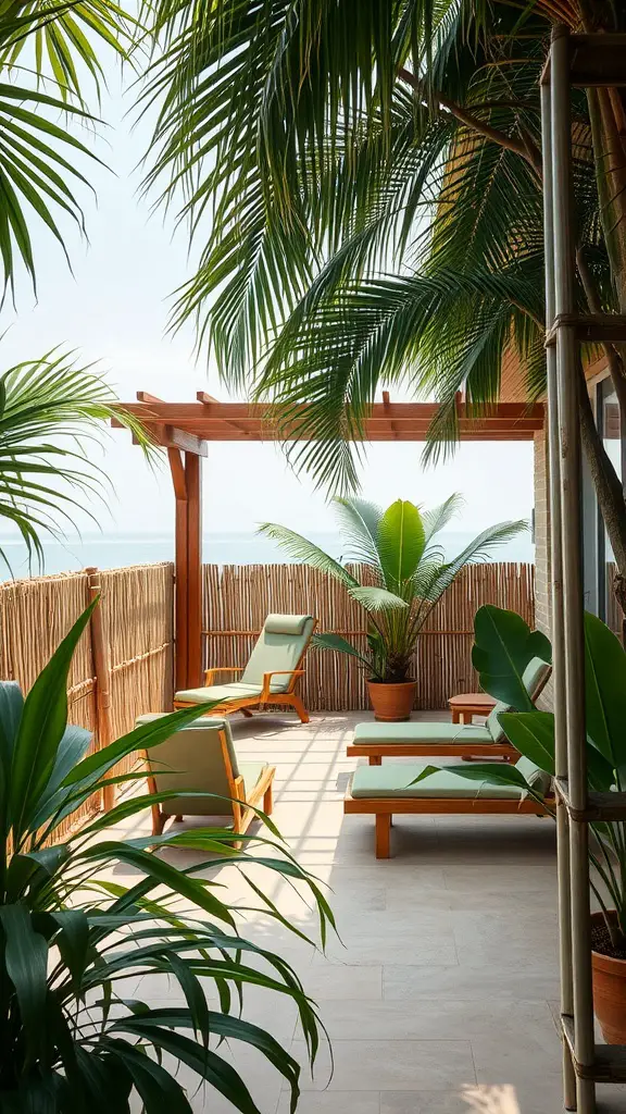 A patio with bamboo fencing, lounge chairs, and tropical plants, creating a relaxing atmosphere.