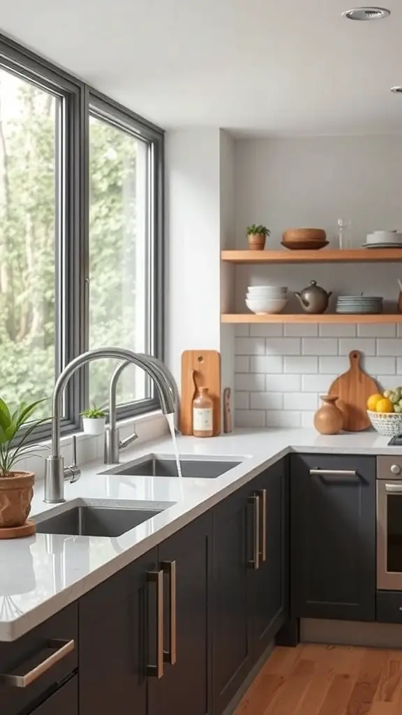 15+ Stunning Green Kitchen Designs You’ll Love 10 A modern kitchen with water-saving fixtures, featuring a sleek faucet and dual sinks, surrounded by natural light and plants.
