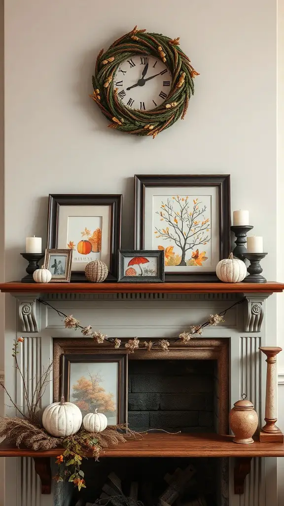 23 Vintage Fall Decor Ideas to Warm Your Home 7 A cozy mantel decorated with vintage picture frames showcasing fall art, pumpkins, and candles.