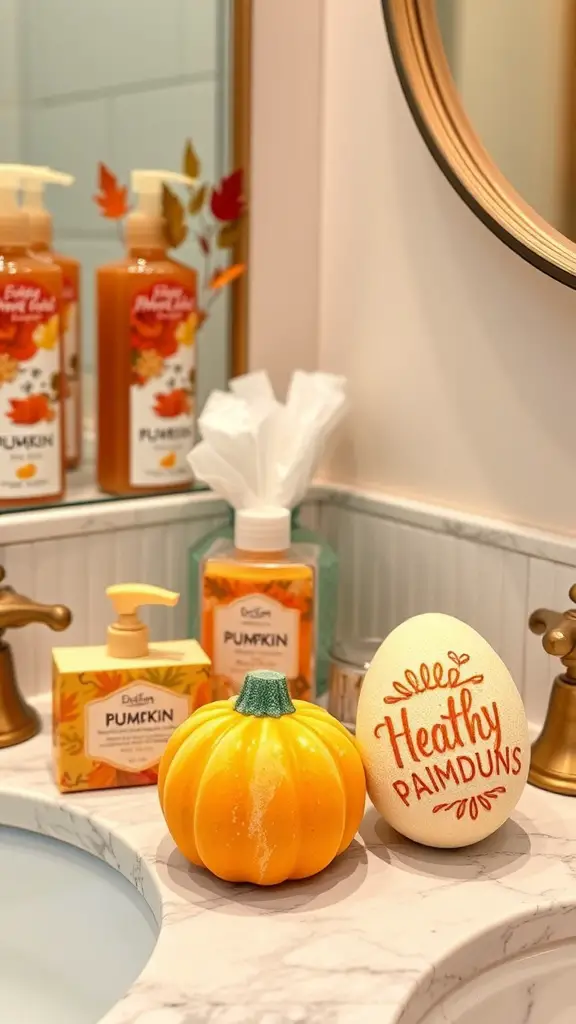 21+ Charming Fall Bathroom Decor Ideas to Transform Your Space 14 A cozy fall bathroom display featuring pumpkin-shaped soaps, bath bombs, and a floral arrangement.