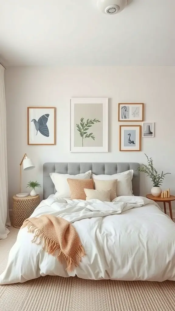 25+ Must-Have Items for a Cozy Scandinavian Bedroom 10 A cozy Scandinavian bedroom featuring soft colors, nature-inspired art, and warm textures.