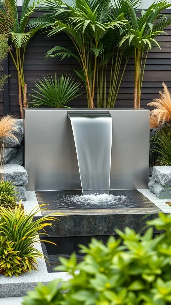 19+ Beautiful Small Garden Waterfalls to Transform Your Outdoor Space 12 A modern minimalist water feature with a sleek metallic design and a gentle waterfall, surrounded by lush green plants.