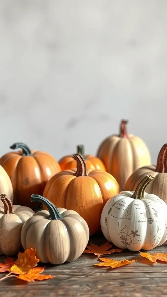 27+ Creative Fall Wood Crafts to Make This Season 6 An assortment of rustic wooden pumpkins in various colors and sizes, surrounded by autumn leaves.