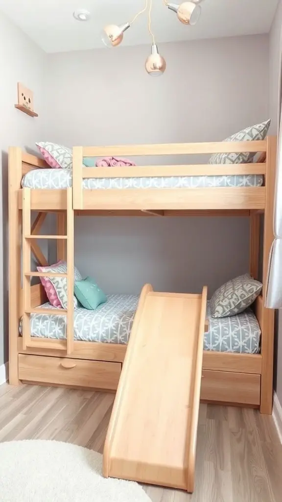 15+ Creative Adult Bunk Bed Ideas for Small Rooms 13 A wooden bunk bed with a slide, featuring soft bedding and a cozy setup in a small room.