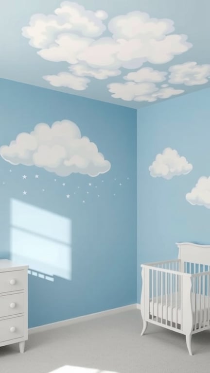 A nursery with soft blue walls and fluffy white clouds painted on the ceiling, featuring a white crib and dresser.