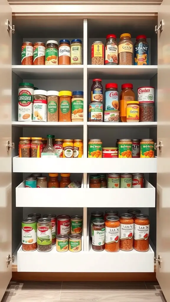 25+ Creative Built-In Pantry Cabinet Wall DIY Ideas 4 A well-organized pantry cabinet with pull-out shelves displaying various jars and cans.