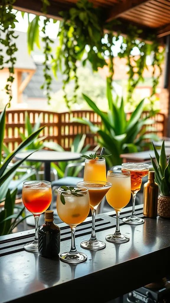 21+ Delightful Wedding Garden Party Ideas to Inspire Your Celebration 9 A variety of colorful cocktails displayed on a bar surrounded by greenery.