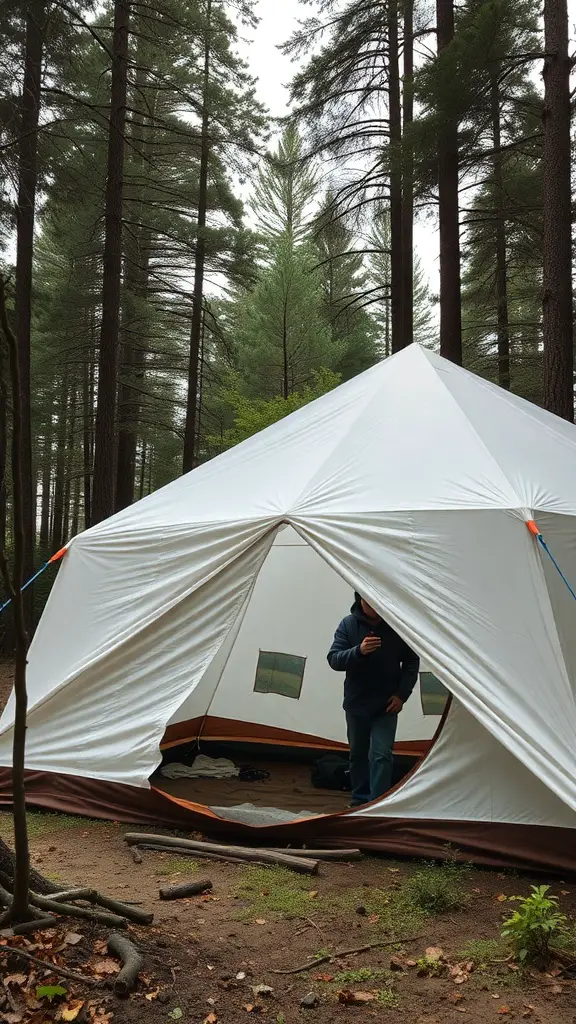 25+ Creative Tent Camping Setup Ideas for Your Next Adventure 6 A person setting up a tent in a forested area.