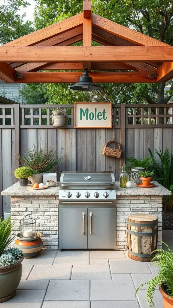A stylish outdoor grill island with a stone countertop, modern grill, and decorative plants.