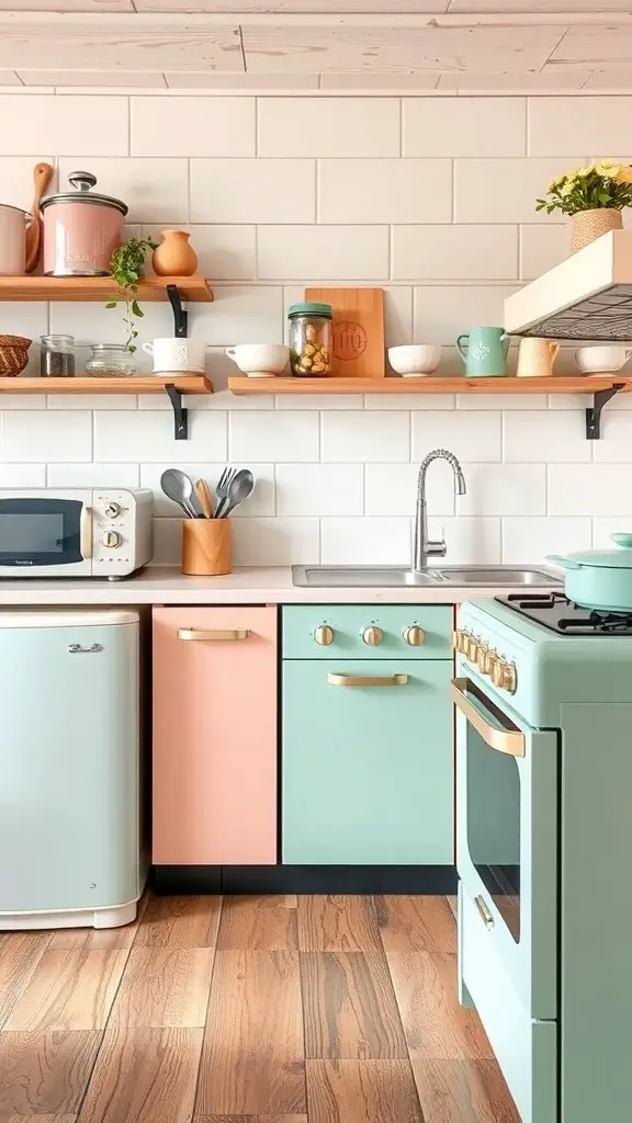 33+ Vintage Farmhouse Kitchen Ideas You'll Love 9 A vintage farmhouse kitchen featuring soft pastel appliances, including a mint green fridge and a classic stove, with warm wooden accents.
