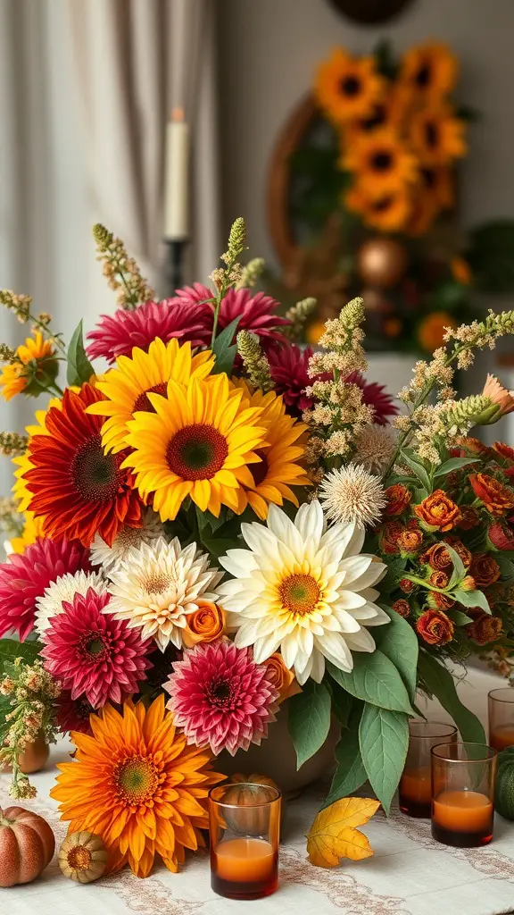19+ Unique Fall Birthday Party Ideas for an Unforgettable Celebration 17 A vibrant autumn floral arrangement featuring sunflowers, dahlias, and candles.