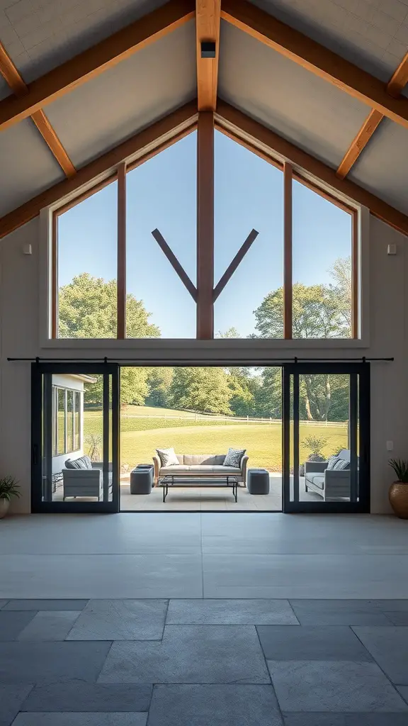 25+ Inspiring Modern Barndominium Ideas You’ll Love 5 A spacious barndominium interior with large glass doors leading to an outdoor patio and lush greenery.