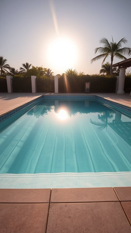 19+ Amazing Homemade Swimming Pools You'll Want to Dive Into 9 A fiberglass swimming pool reflecting sunlight, surrounded by palm trees and greenery.