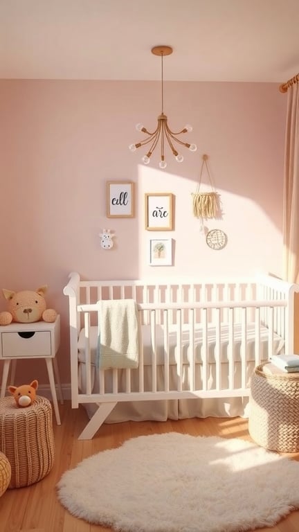 31+ Creative Small Nursery Ideas for Space-Saving Solutions 2 A cozy nursery with soft pink walls, a white crib, and playful decor.