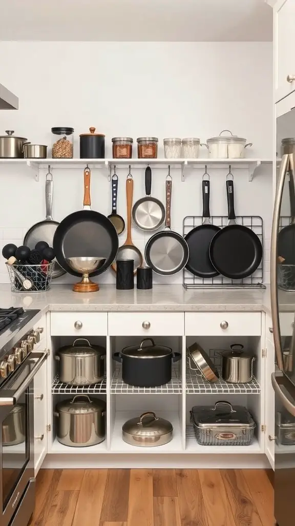 23+ Genius Ways to Organize Your Pots and Pans Storage 6 Organized pull-out drawers with pots and pans in a kitchen