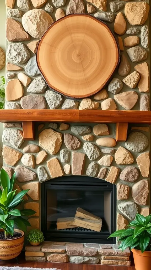 19+ Creative Fireplace Wall Ideas to Transform Your Space 11 A rustic stone fireplace with wooden accents and potted plants, creating a nature-inspired look.