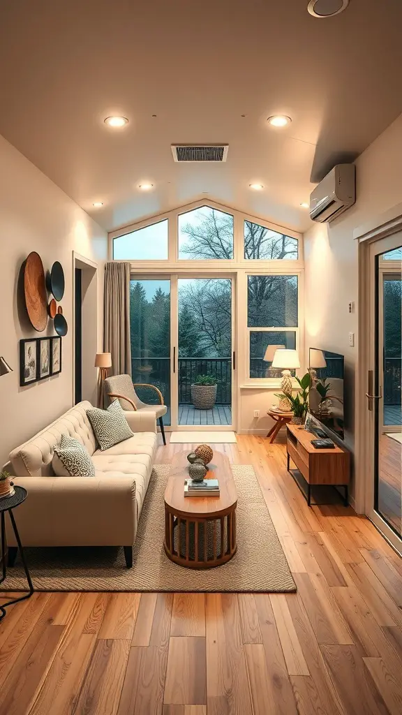 A modern mobile home interior showcasing smart home technology features.