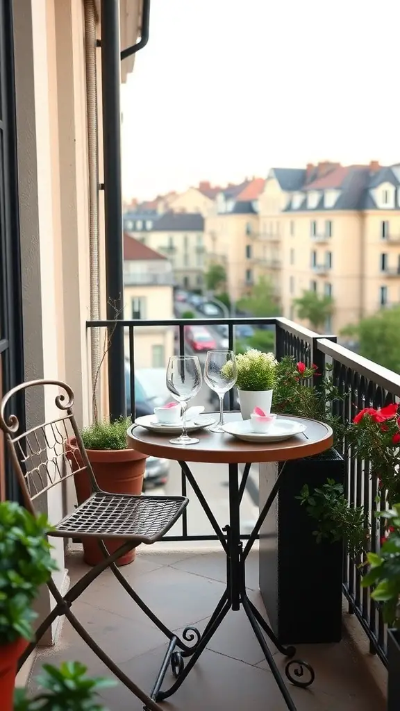 23+ Inspiring Outdoor Balcony Ideas to Elevate Your Space 5 A cozy balcony with a bistro table set for two, surrounded by potted plants.