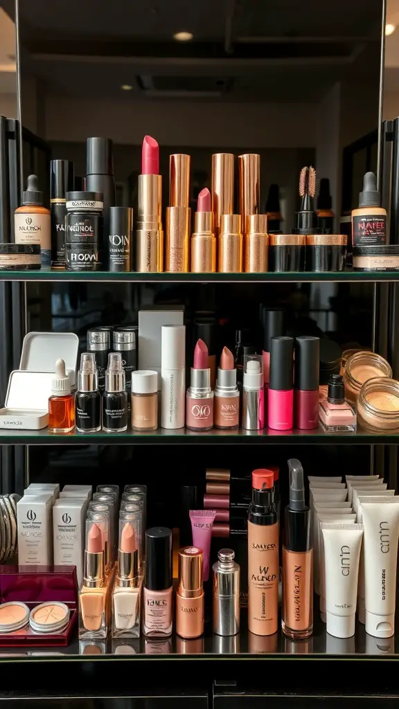 27+ Creative Vanity Organization Ideas You’ll Love 16 A tiered makeup stand displaying various beauty products including lipsticks, foundations, and skincare items.