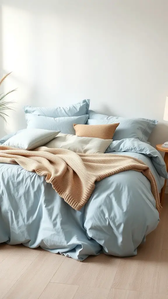 23+ Stunning Dusty Blue Bedroom Ideas to Transform Your Space 4 A cozy bed with dusty blue bedding, beige throw blanket, and decorative pillows.