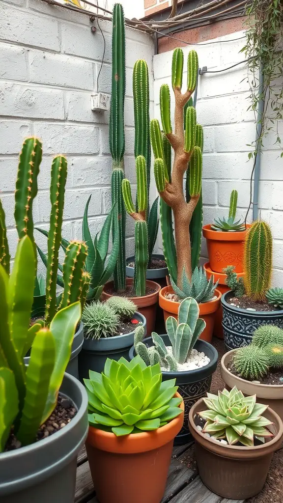 23+ Creative Small City Backyard Ideas for Your Outdoor Space 15 A collection of various succulents and cacti in pots, arranged in a small backyard space.