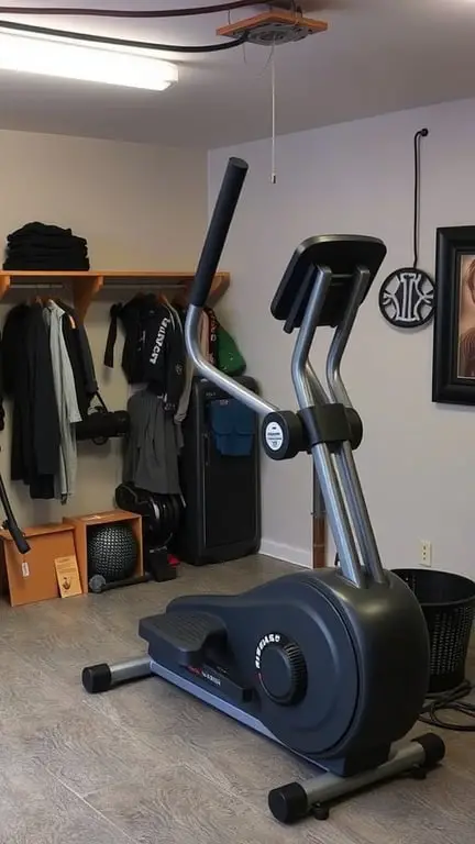 19 Home Gym Ideas for Small Garages: Maximize Your Space with These Creative Solutions 12 Compact elliptical machine in a small garage gym setting