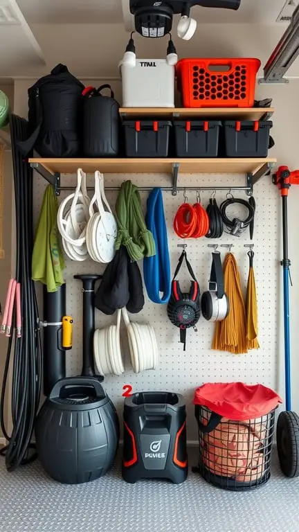 19 Home Gym Ideas for Small Garages: Maximize Your Space with These Creative Solutions 7 Organized storage solutions for a home gym in a small garage, featuring shelves, bins, and workout gear.
