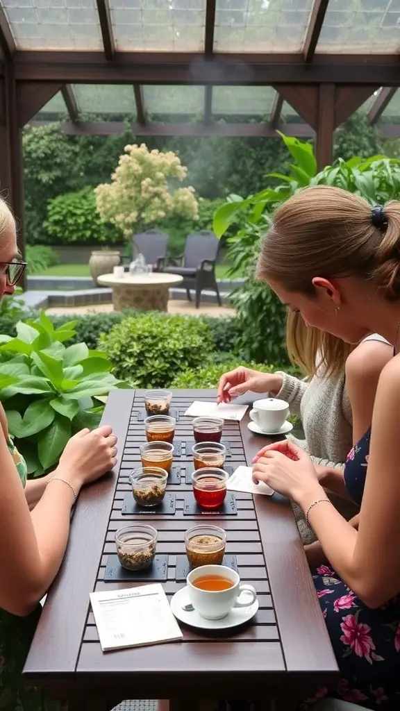 21+ Delightful Garden Tea Party Ideas for Your Next Event 9 A group of people enjoying an interactive tea tasting in a garden setting.