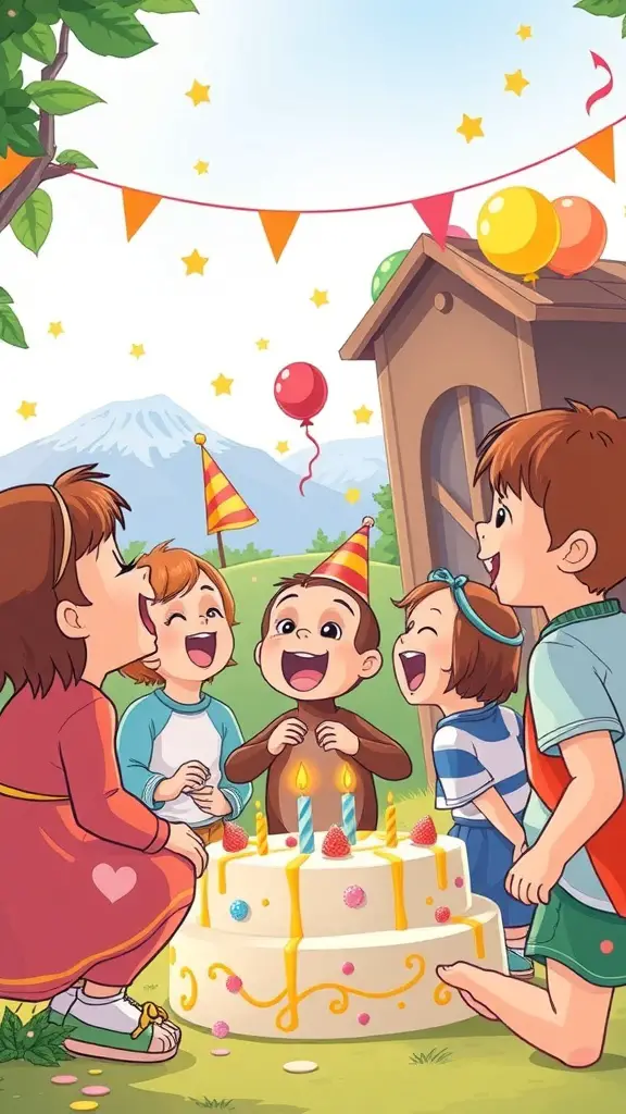 23+ Creative Curious George Birthday Party Ideas for a Fun Celebration 14 Children celebrating a birthday with a cake and decorations, singing together joyfully.