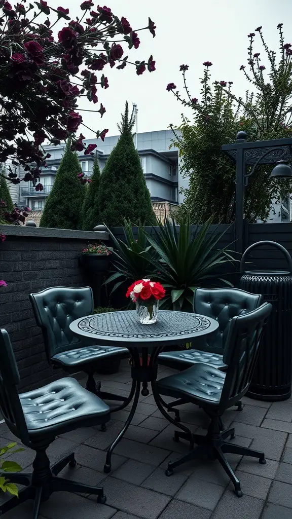 21+ Enchanting Elements for a Gothic Garden Makeover 10 A gothic garden furniture set featuring a black table and chairs surrounded by lush plants and flowers.