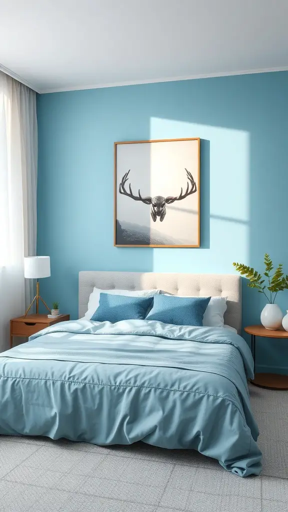 A light blue bedroom with an accent wall featuring a deer skull artwork, soft blue bedding, and natural light.