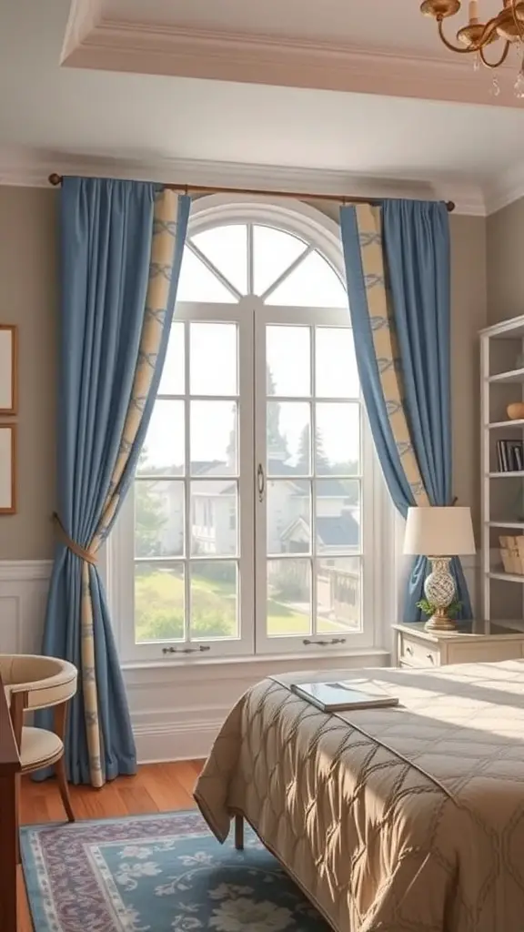 19+ Inspiring Blue and Cream Bedroom Ideas for a Cozy Retreat 13 A blue and cream bedroom featuring elegant window treatments with soft blue curtains and cream accents.