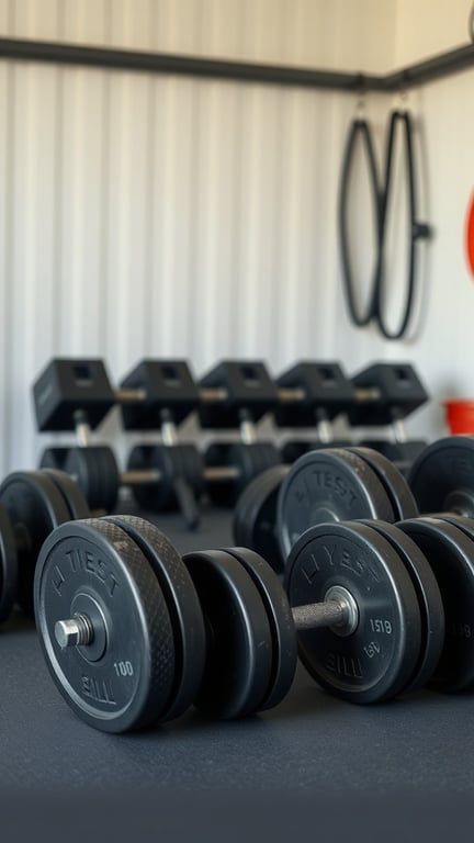 19 Home Gym Ideas for Small Garages: Maximize Your Space with These Creative Solutions 14 A set of adjustable dumbbells in a small garage gym, with a rack of fixed weights in the background.