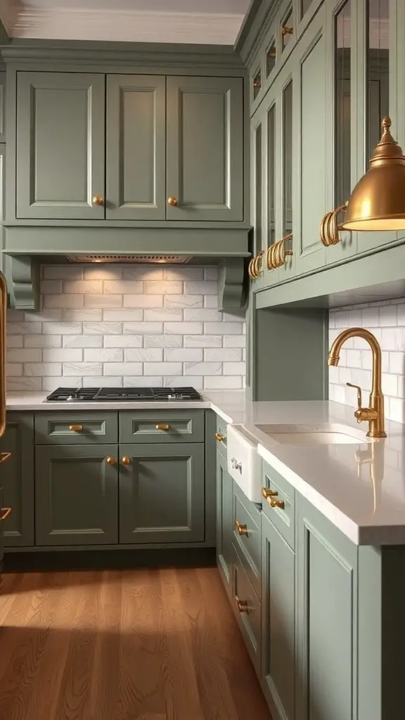29+ Stunning Sage Green Kitchen Ideas to Transform Your Space 13 A stylish kitchen featuring sage green cabinets with gold accents and light wood flooring.
