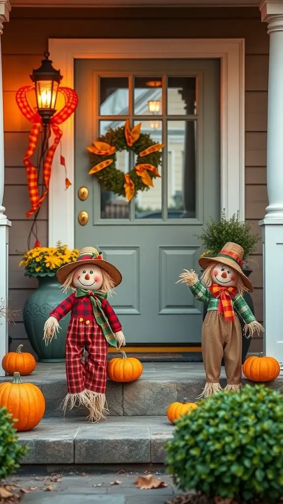 25+ Stunning Fall Front Door Decor Ideas to Transform Your Home 10 Two cheerful scarecrow figurines on a porch with pumpkins and a fall wreath.