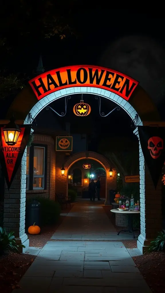 A Halloween archway with banners and signs, featuring pumpkins and lanterns.