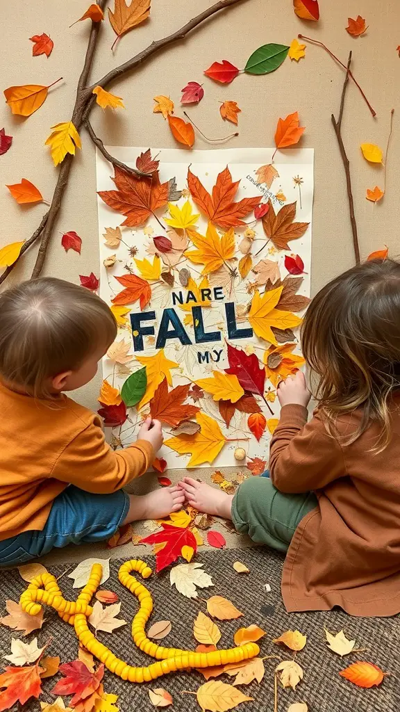25+ Creative Fall Crafts for Toddlers 9 Two toddlers creating a fall-themed collage with colorful leaves and twigs.