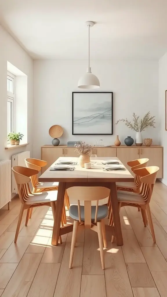 A chic Scandinavian dining room featuring a wooden table, light wood chairs, and minimal decor.