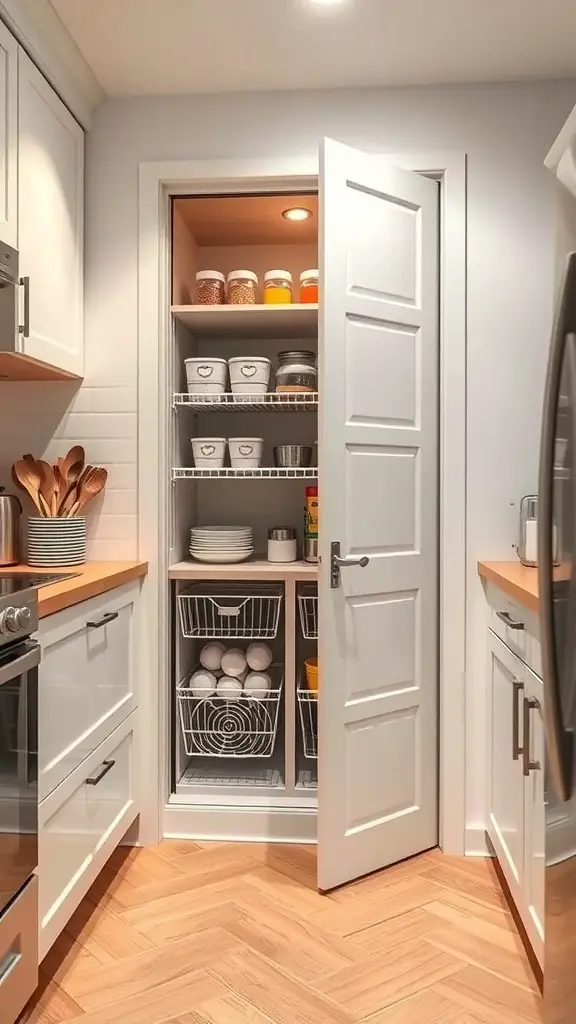 25+ Creative Pantry Door Ideas to Maximize Space and Style 13 A modern kitchen pantry with a foldable door, showcasing organized shelves and storage.