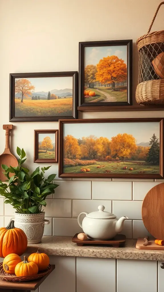 21+ Stunning Fall Kitchen Decor Ideas to Elevate Your Space 10 A cozy kitchen with harvest-themed wall art featuring autumn landscapes and pumpkins on the counter.