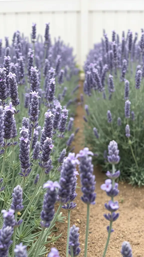 23+ Enchanting Cottage Core Backyard Ideas to Transform Your Outdoor Space 17 Rows of blooming lavender flowers in a backyard garden.