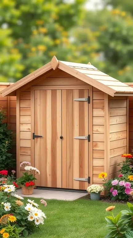 15 Creative DIY Shed Plans for Your Backyard Oasis 4 A simple wooden garden shed surrounded by colorful flowers.